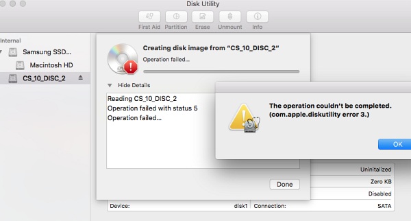 disk utility copy DVD error