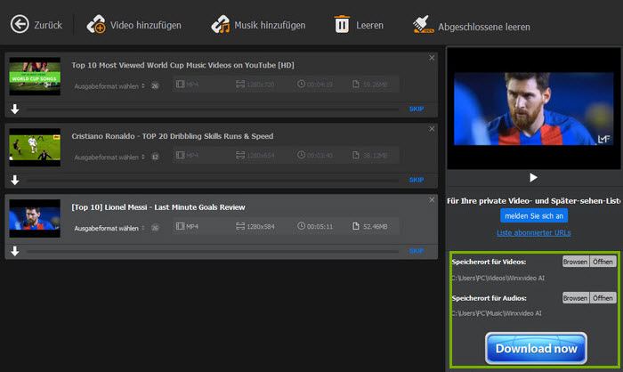 Starten des Downloads von Playlist- oder Kanalvideos