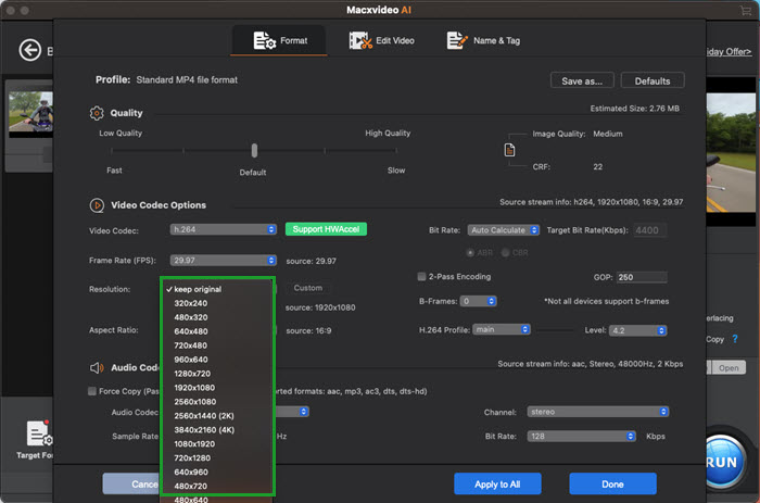 Macxvideo AI Common Settings -resolution