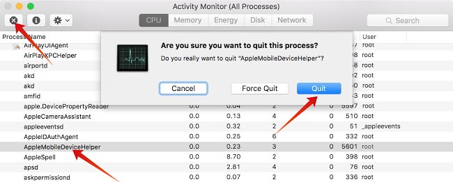 kill iTunes process on Mac 