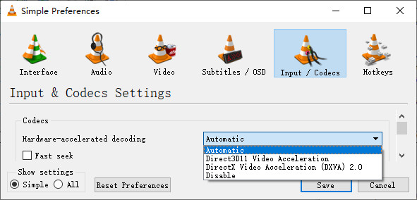 Enable hardware accelerated decoding to watch 4K on vlc