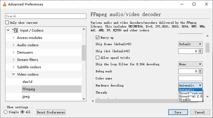 Enable hardware decoding to play 4K on VLC