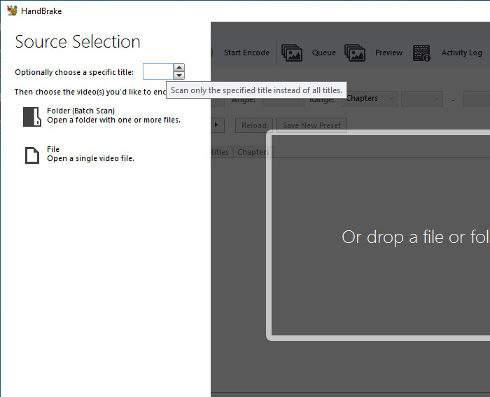 Choose specific title to avoid HandBrake not scanning source error