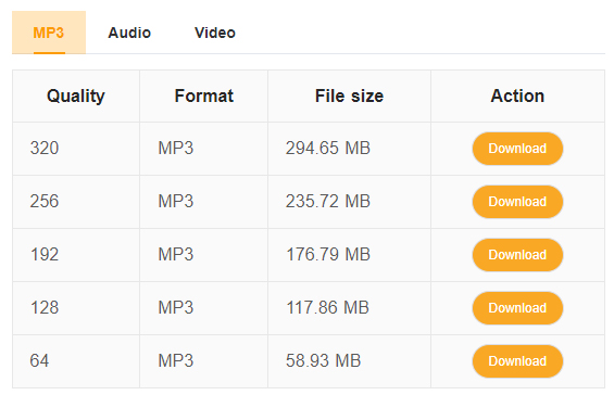 Choose mp3 format, quality and size