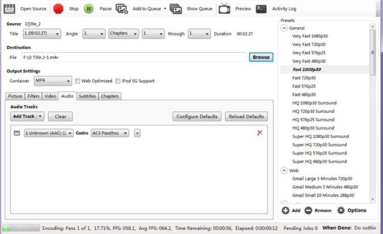 free convert MOV to M4V Handbrake