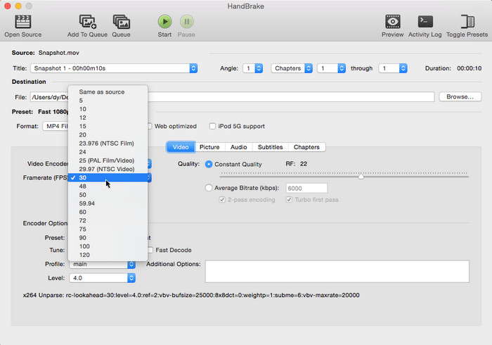 change FPS in handbrake