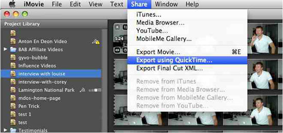 convert iMovie to MP4 via QuickTime