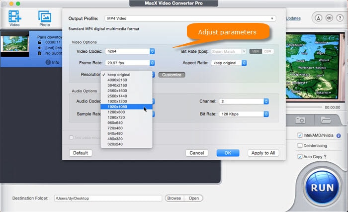 adjust parameters like codec, bitrate, frame rate etc.