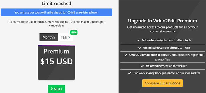 Online service file size limit
