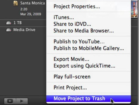 Move events or projects to trash