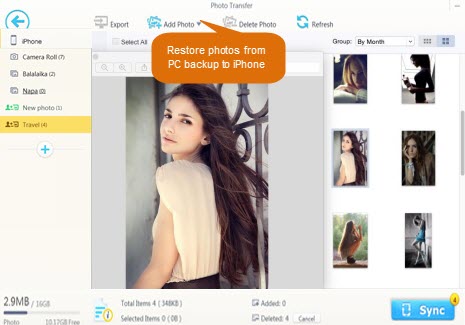 Restore photos to iPhone from PC backup