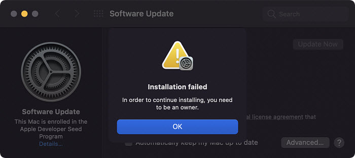 macOS 13 Ventura installation failed ownership