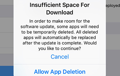 Nicht genügend Speicherplatz zum Laden und Installieren iOS 11